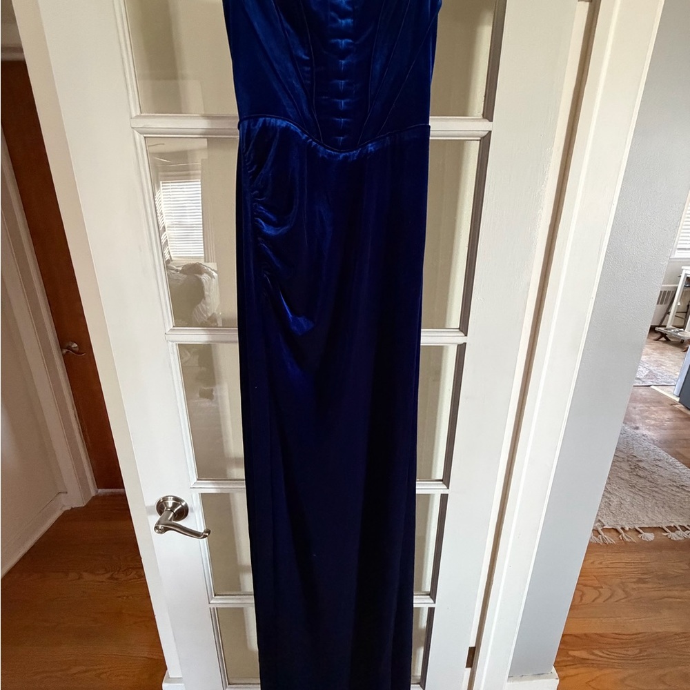 Abyss By Abby Blue Dress/ shown with slit strapless